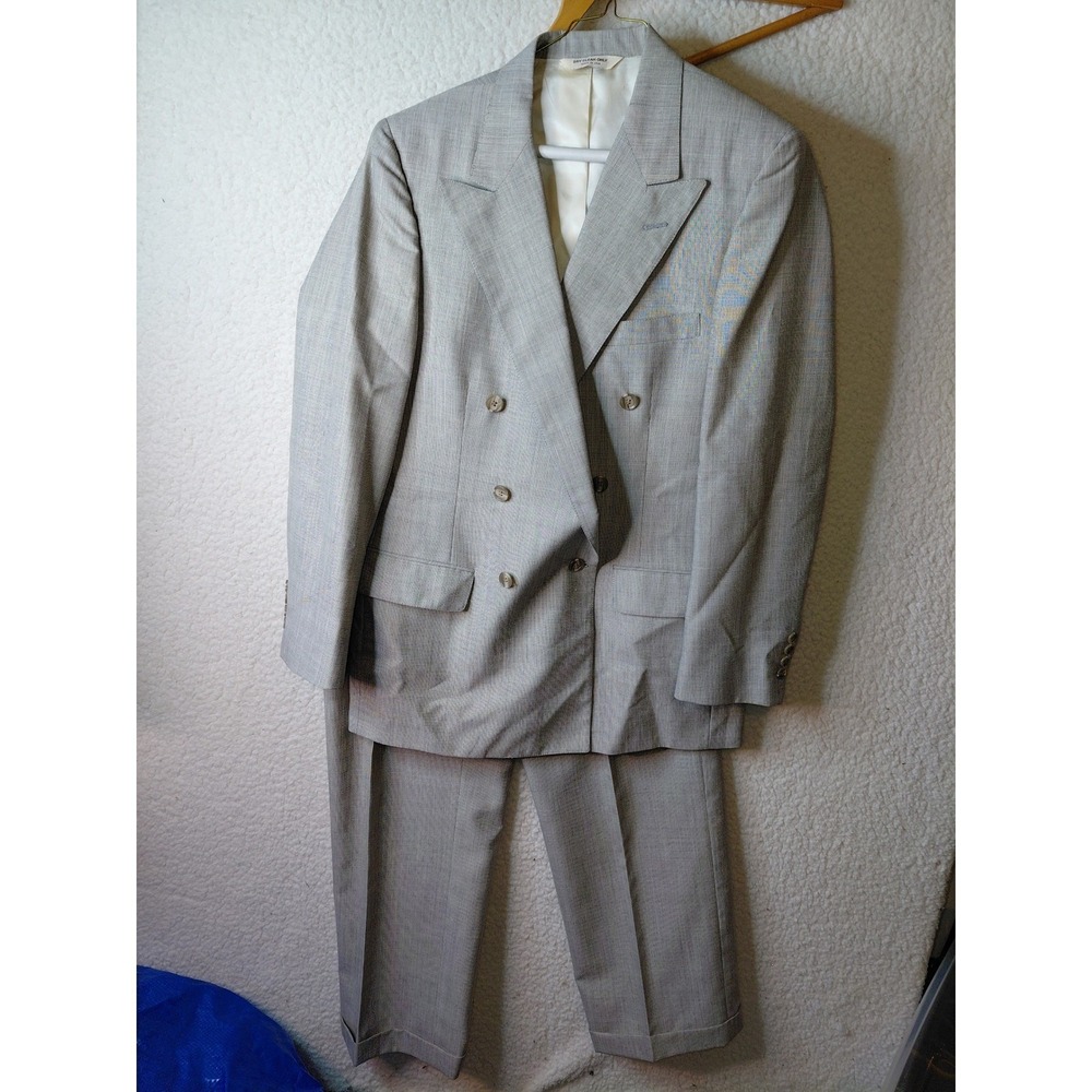 Vintage Mens Double Breasted Suit Set Gray Micro Check Pleated Cuffed 34x28